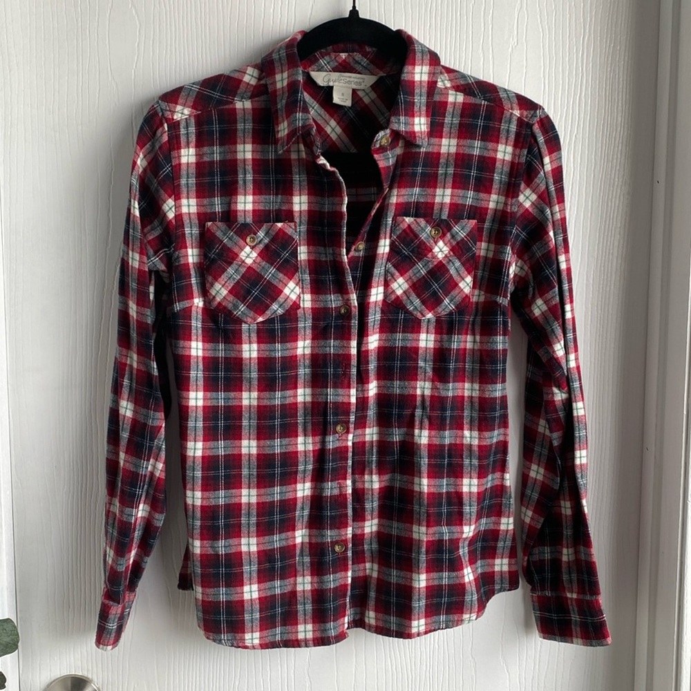 Red, Black, White, Green Plaid Button Down Shirt
